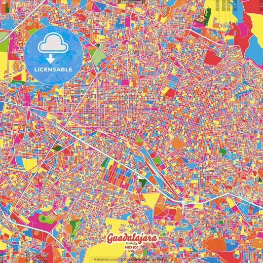 Guadalajara, Jalisco, Mexico Crazy Colorful Street Map Poster Template