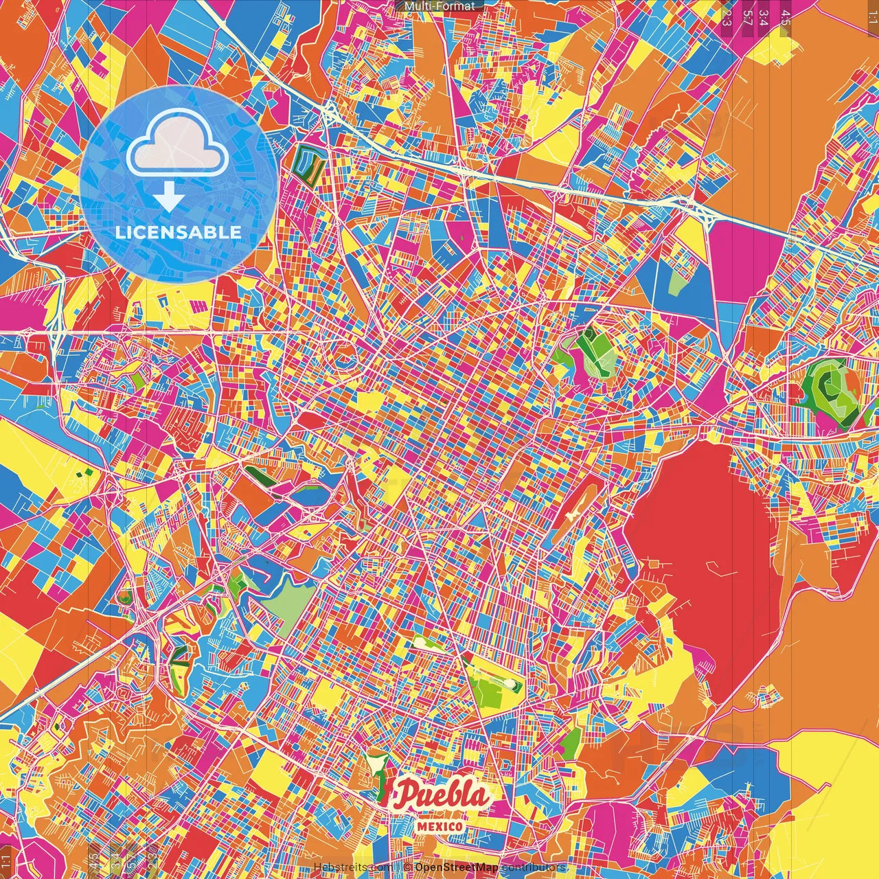 Puebla, Puebla, Mexico Crazy Colorful Street Map Poster Template