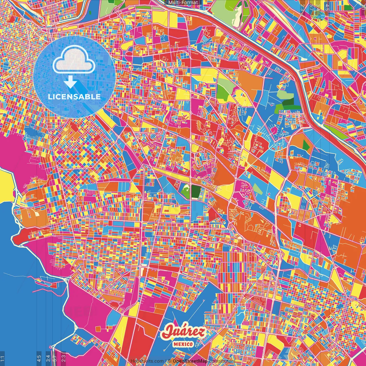 Juárez, Chihuahua, Mexico Crazy Colorful Street Map Poster Template