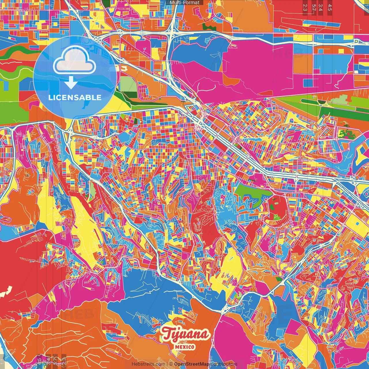 Tijuana, Baja California, Mexico Crazy Colorful Street Map Poster Template