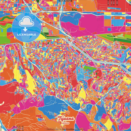 Tijuana, Baja California, Mexico Crazy Colorful Street Map Poster Template