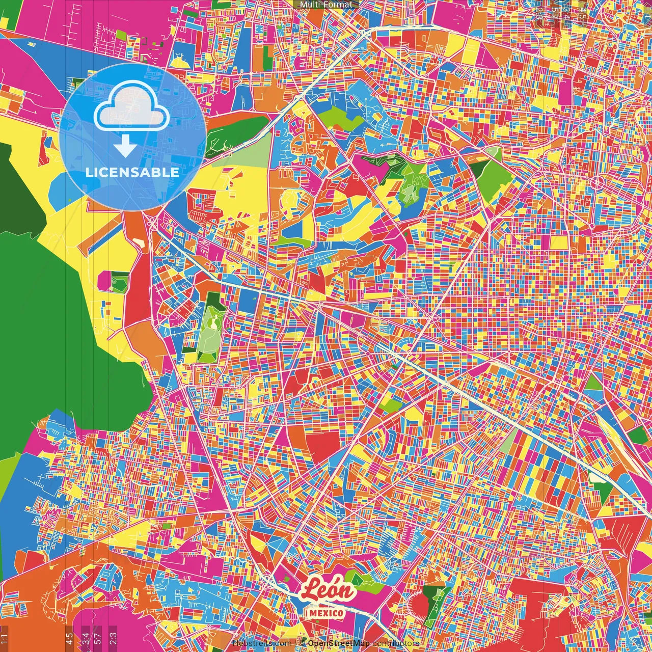 León, Guanajuato, Mexico Crazy Colorful Street Map Poster Template