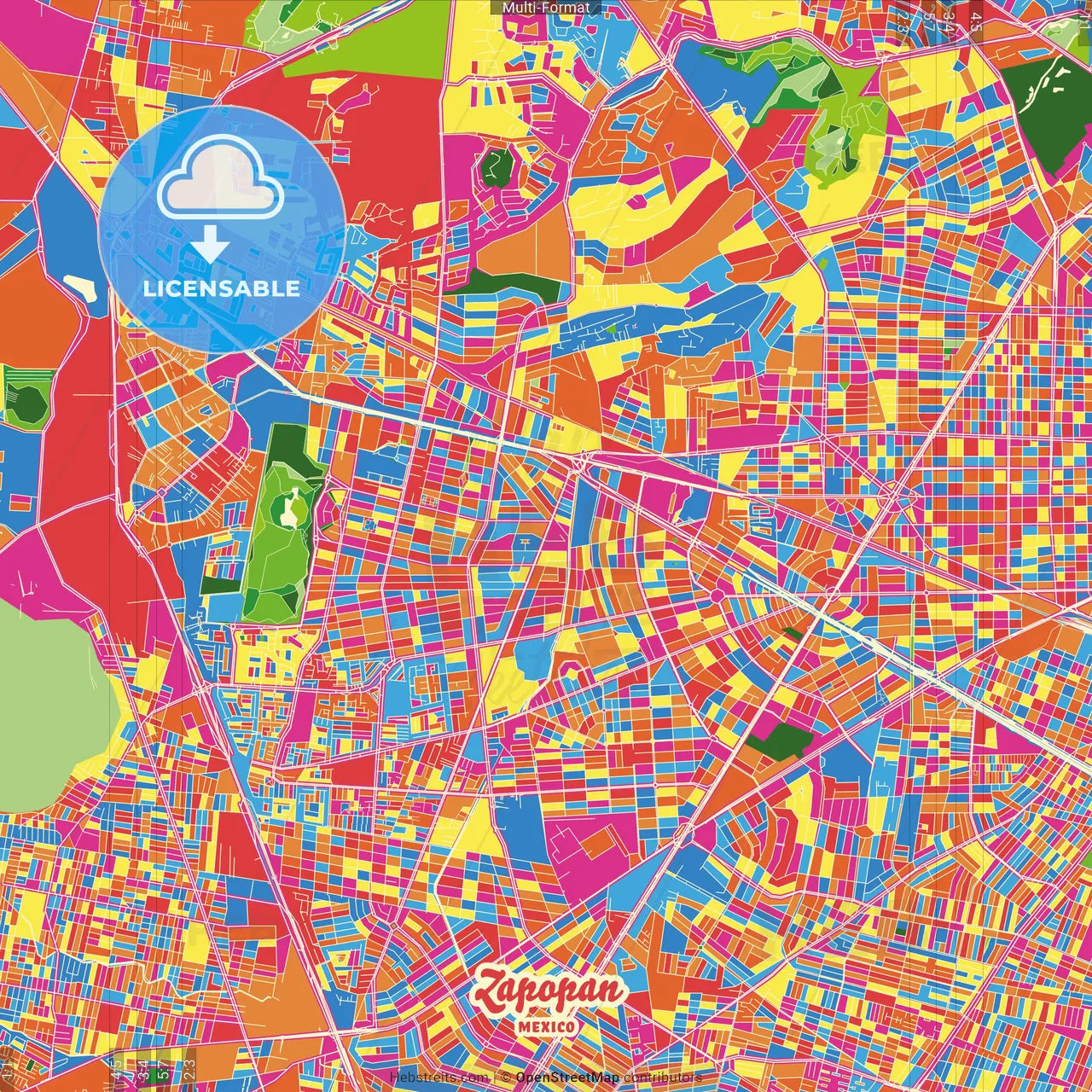 Zapopan, Jalisco, Mexico Crazy Colorful Street Map Poster Template