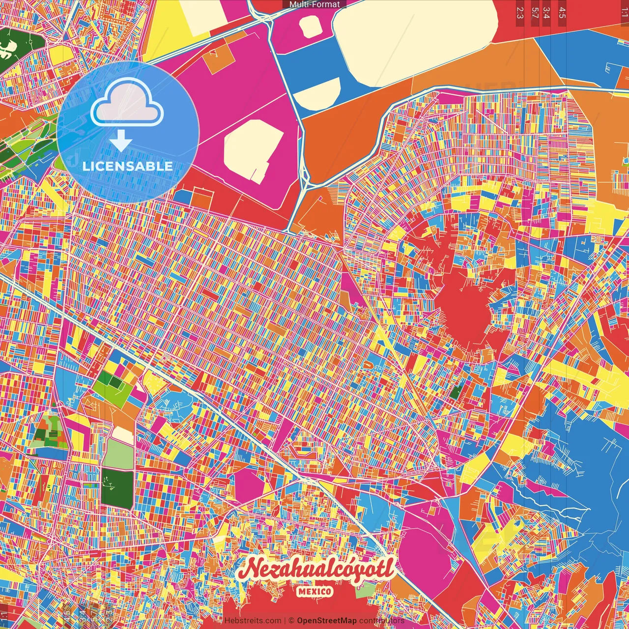 Nezahualcóyotl, México, Mexico Crazy Colorful Street Map Poster Template