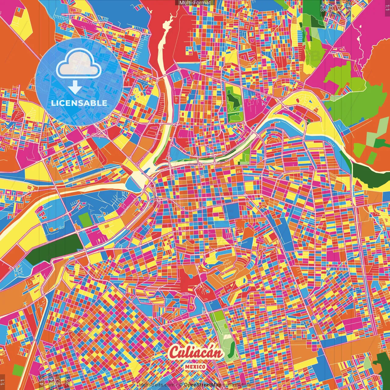 Culiacán, Sinaloa, Mexico Crazy Colorful Street Map Poster Template