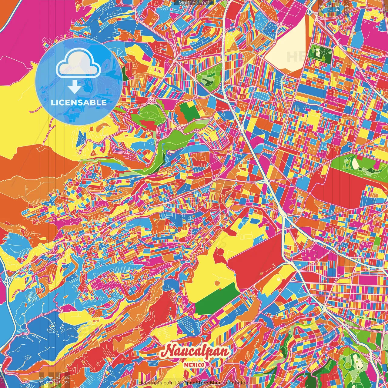 Naucalpan, México, Mexico Crazy Colorful Street Map Poster Template
