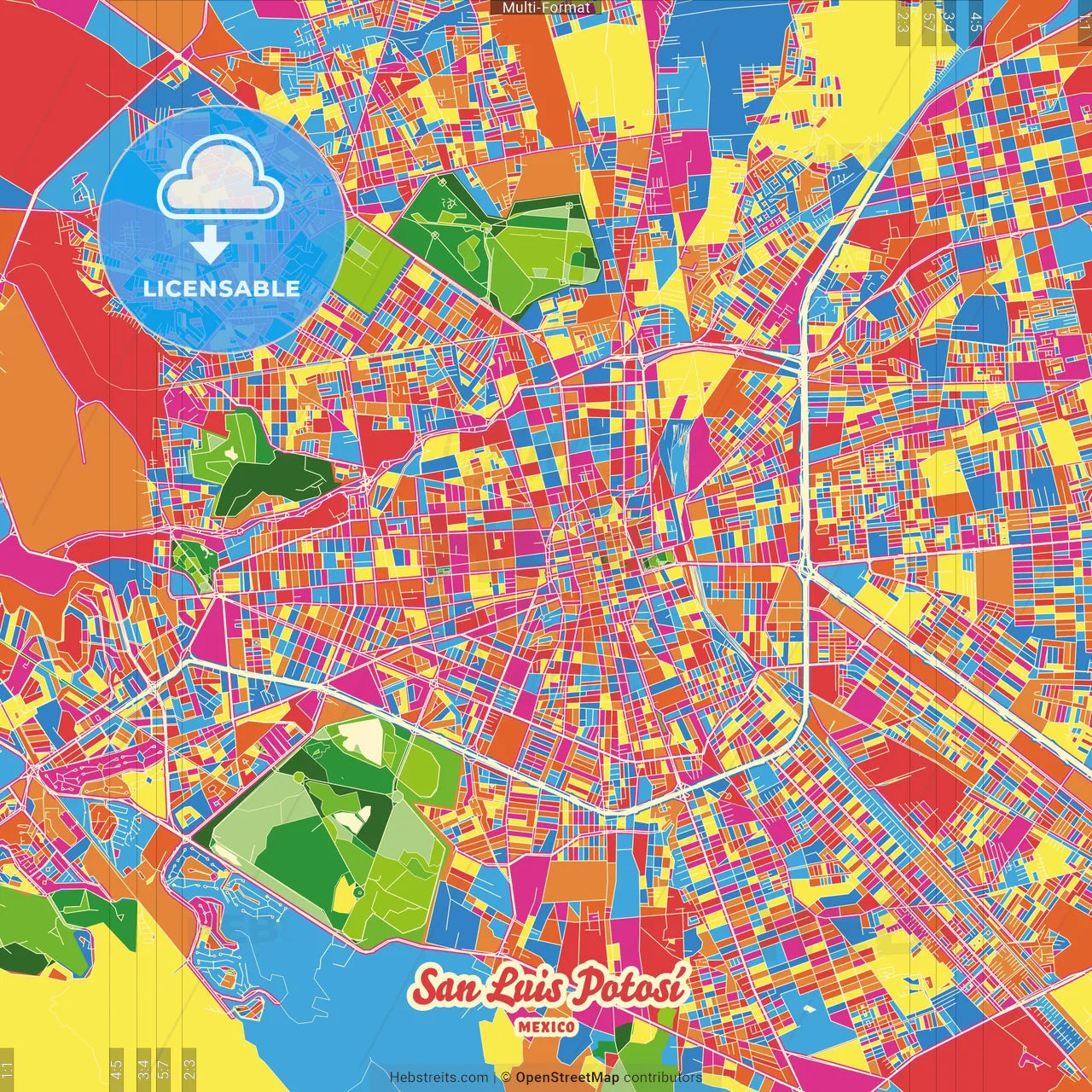San Luis Potosí, San Luis Potosí, Mexico Crazy Colorful Street Map Poster Template