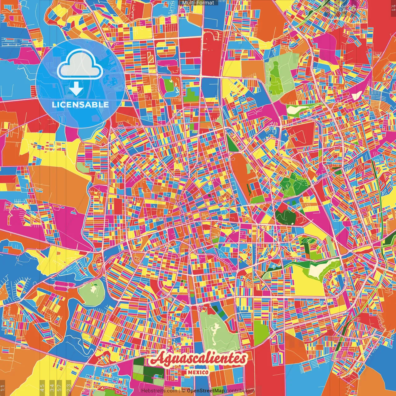 Aguascalientes, Aguascalientes, Mexico Crazy Colorful Street Map Poster Template