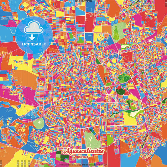 Aguascalientes, Aguascalientes, Mexico Crazy Colorful Street Map Poster Template