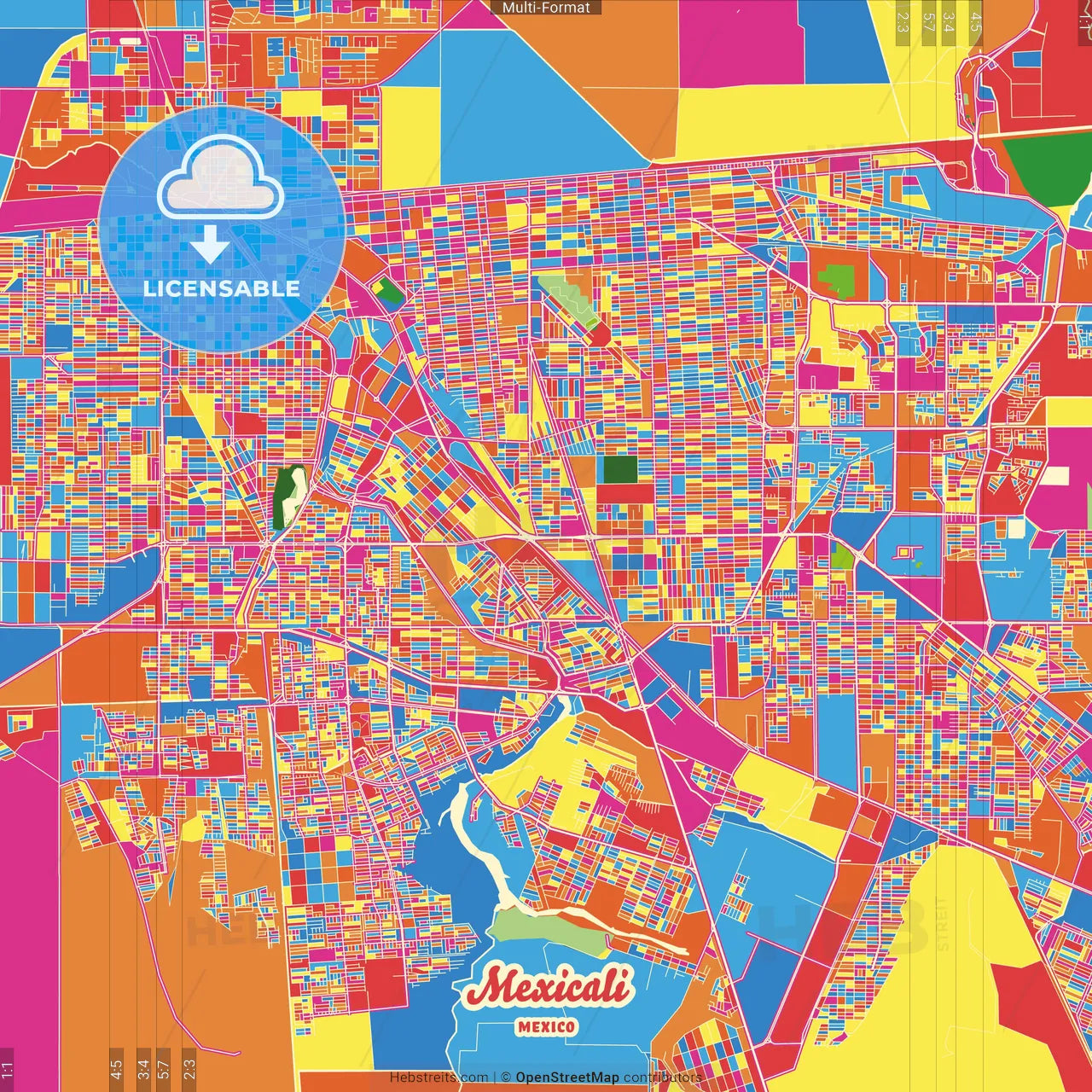 Mexicali, Baja California, Mexico Crazy Colorful Street Map Poster Template