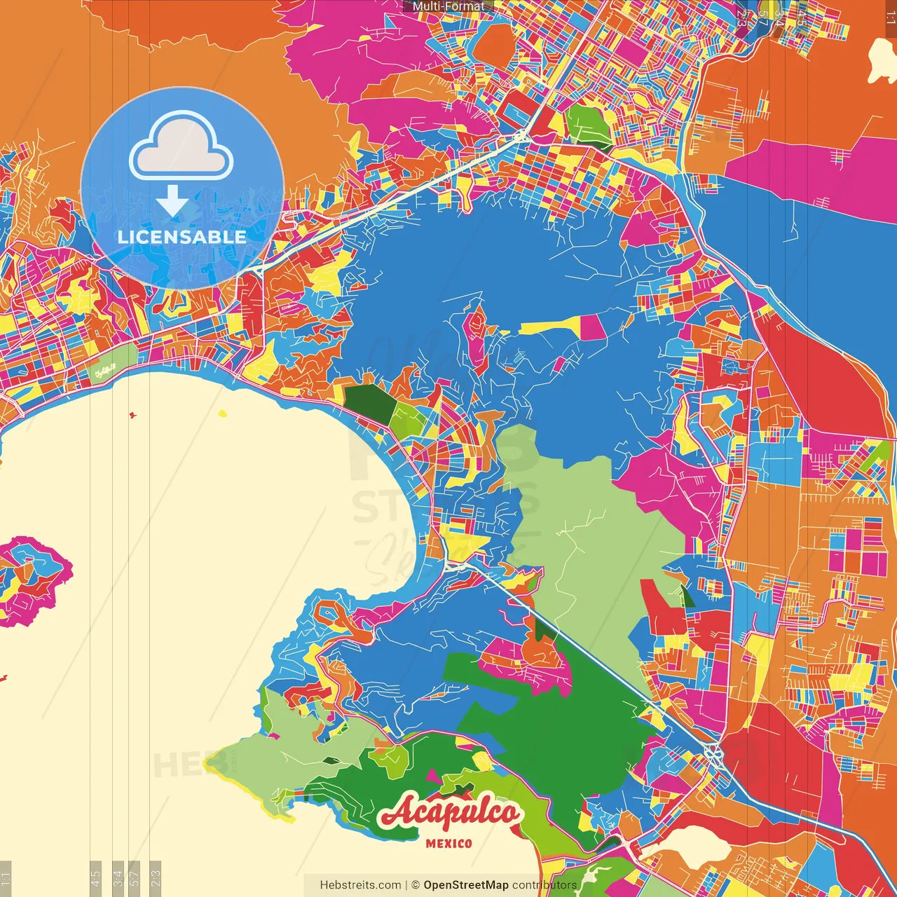 Acapulco, Guerrero, Mexico Crazy Colorful Street Map Poster Template