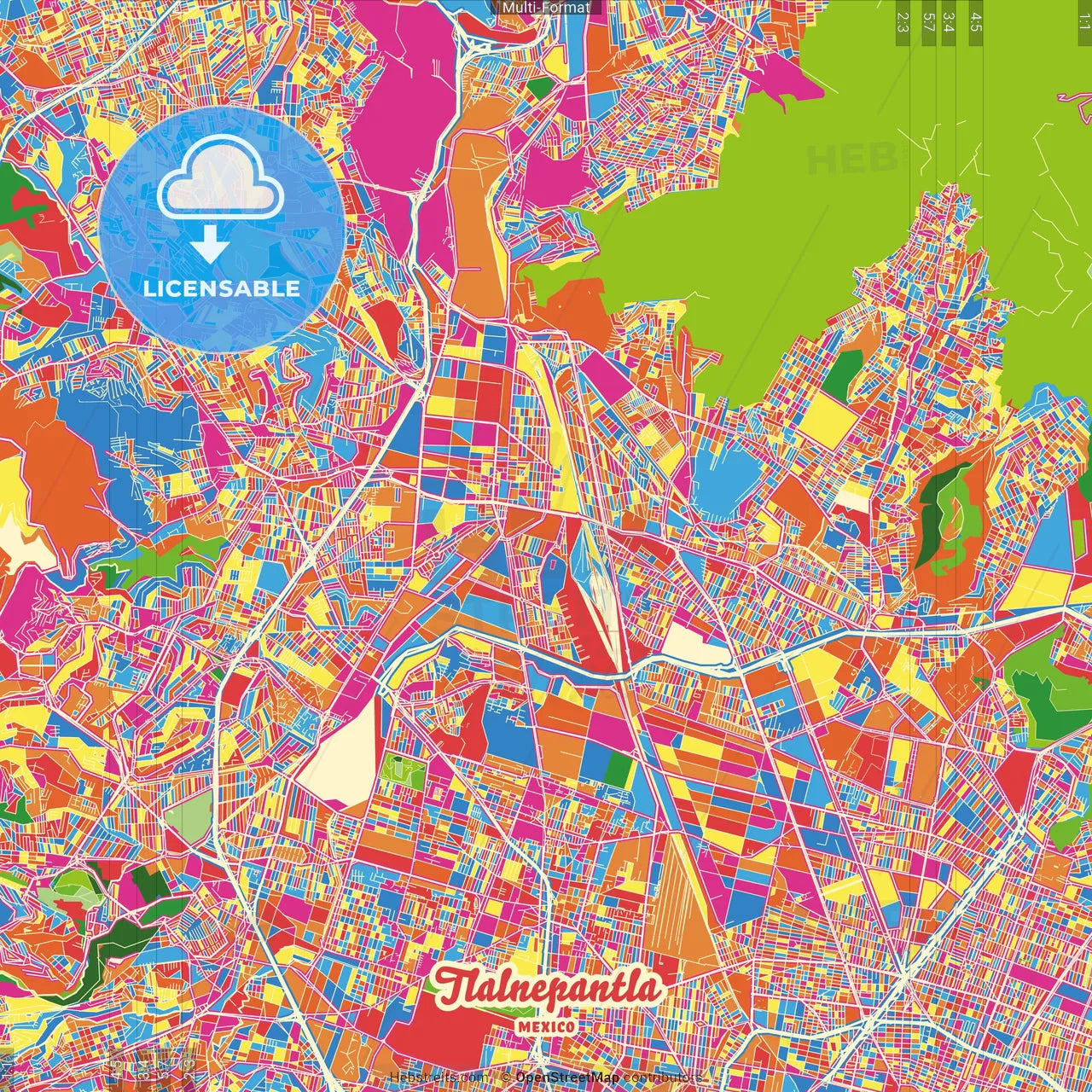 Tlalnepantla, México, Mexico Crazy Colorful Street Map Poster Template
