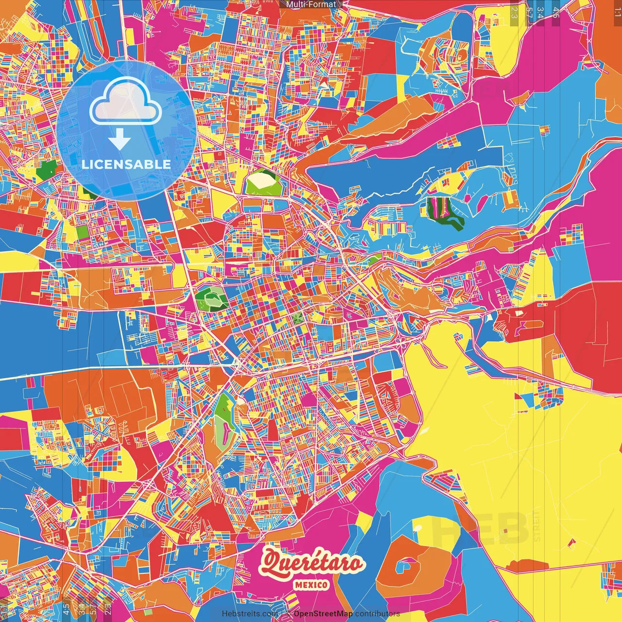 Querétaro, Querétaro, Mexico Crazy Colorful Street Map Poster Template