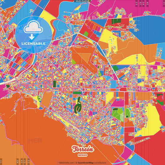 Torreón, Coahuila, Mexico Crazy Colorful Street Map Poster Template