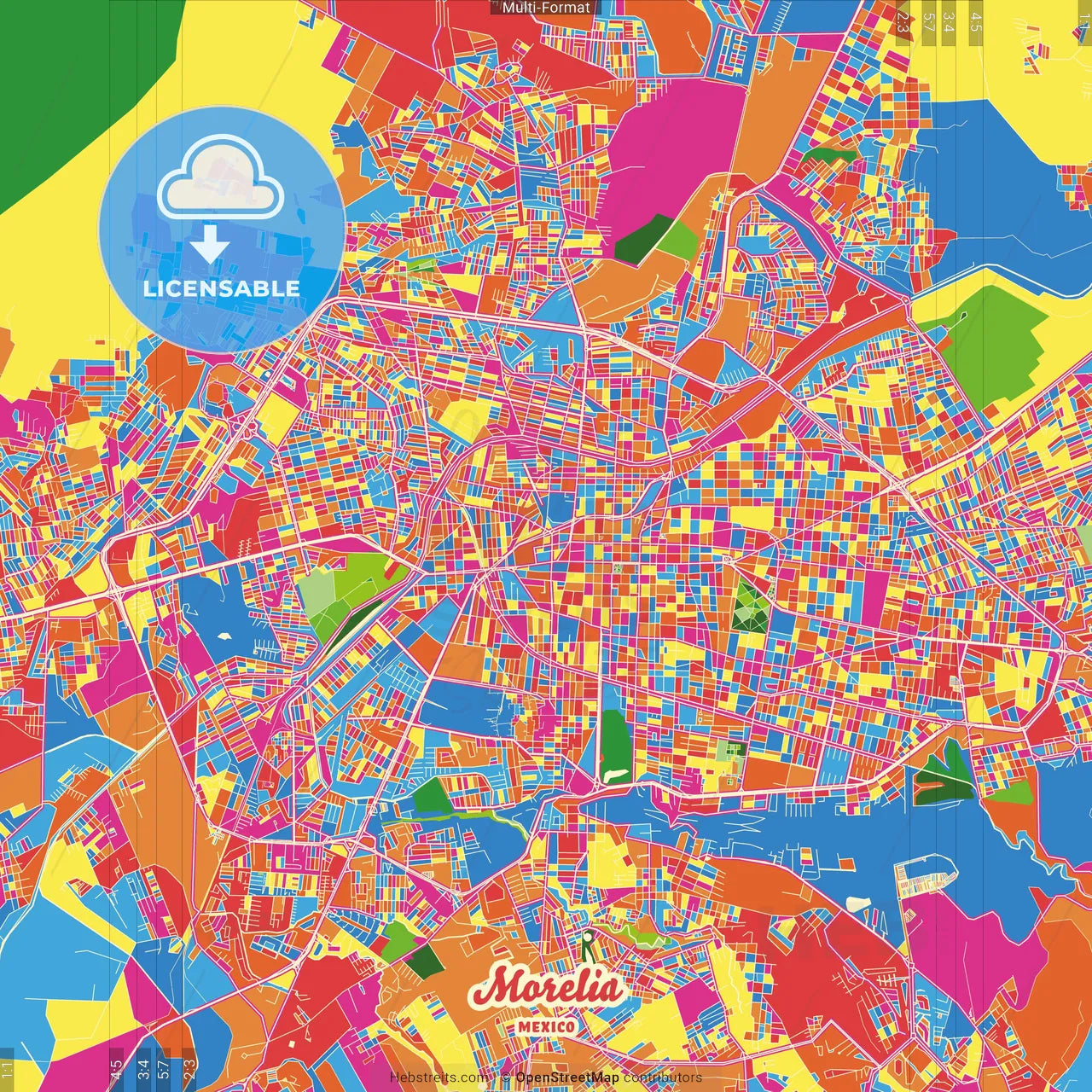 Morelia, Michoacán, Mexico Crazy Colorful Street Map Poster Template
