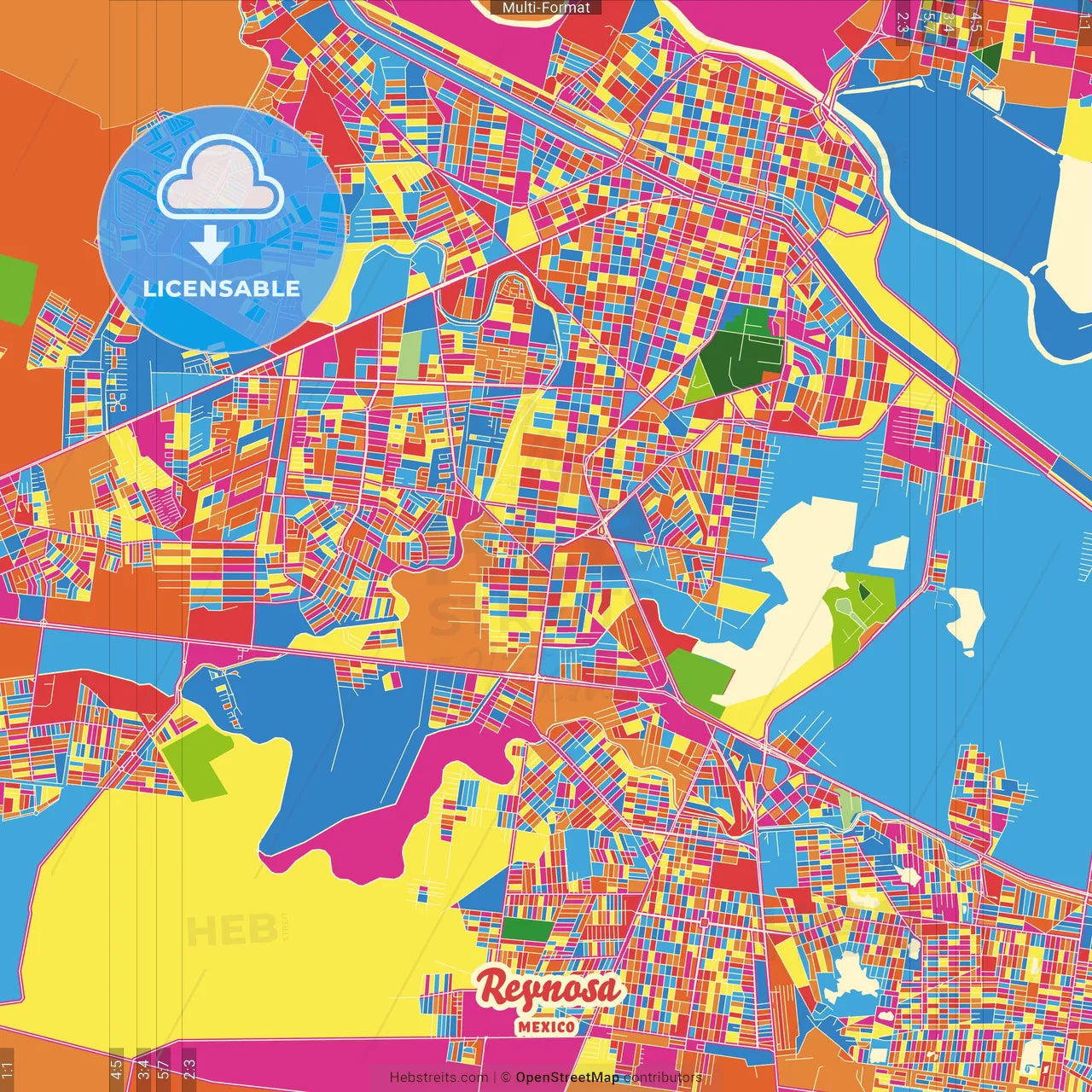 Reynosa, Tamaulipas, Mexico Crazy Colorful Street Map Poster Template
