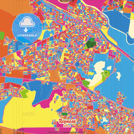 Reynosa, Tamaulipas, Mexico Crazy Colorful Street Map Poster Template
