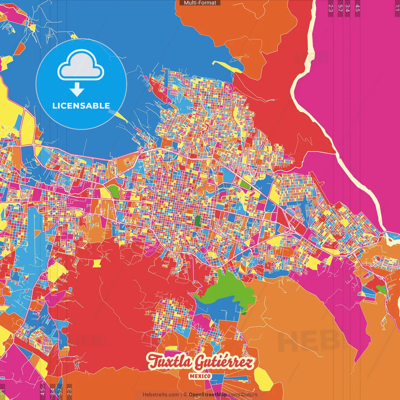 Tuxtla Gutiérrez, Chiapas, Mexico Crazy Colorful Street Map Poster Template