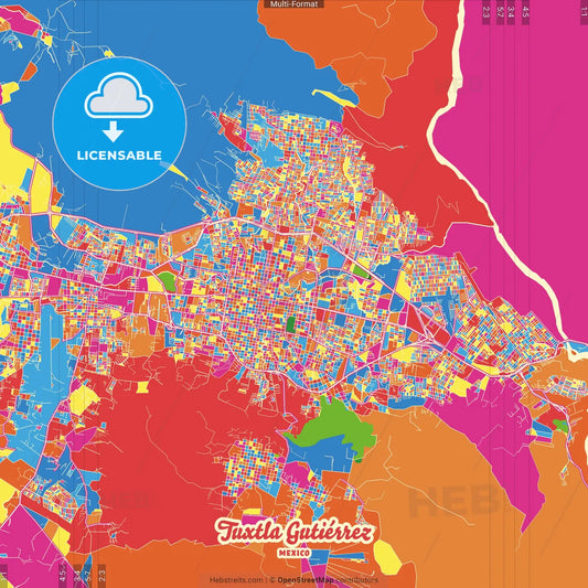 Tuxtla Gutiérrez, Chiapas, Mexico Crazy Colorful Street Map Poster Template