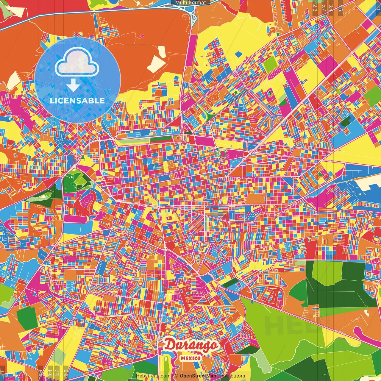 Durango, Durango, Mexico Crazy Colorful Street Map Poster Template