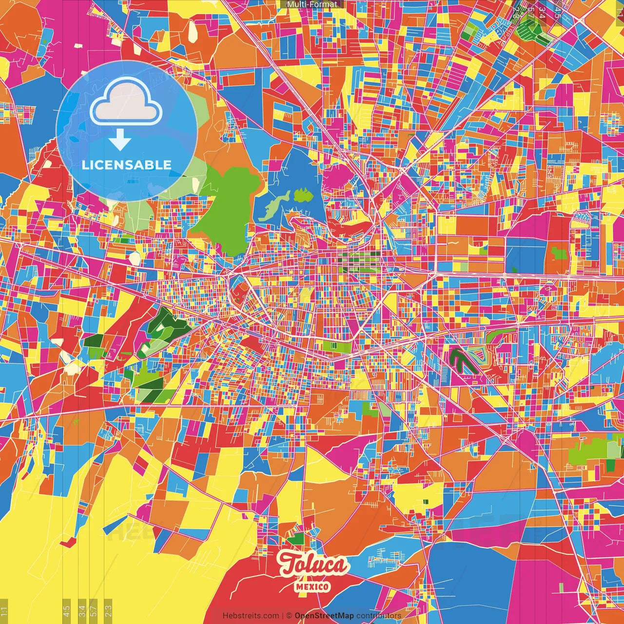 Toluca, México, Mexico Crazy Colorful Street Map Poster Template