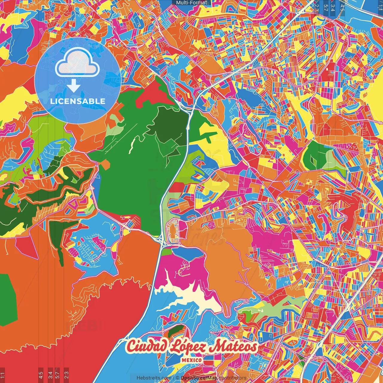 Ciudad López Mateos, México, Mexico Crazy Colorful Street Map Poster Template
