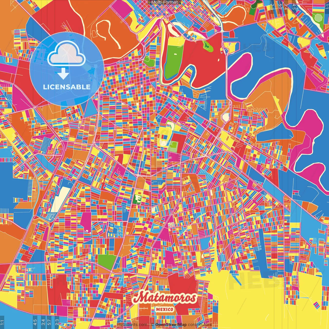 Matamoros, Tamaulipas, Mexico Crazy Colorful Street Map Poster Template