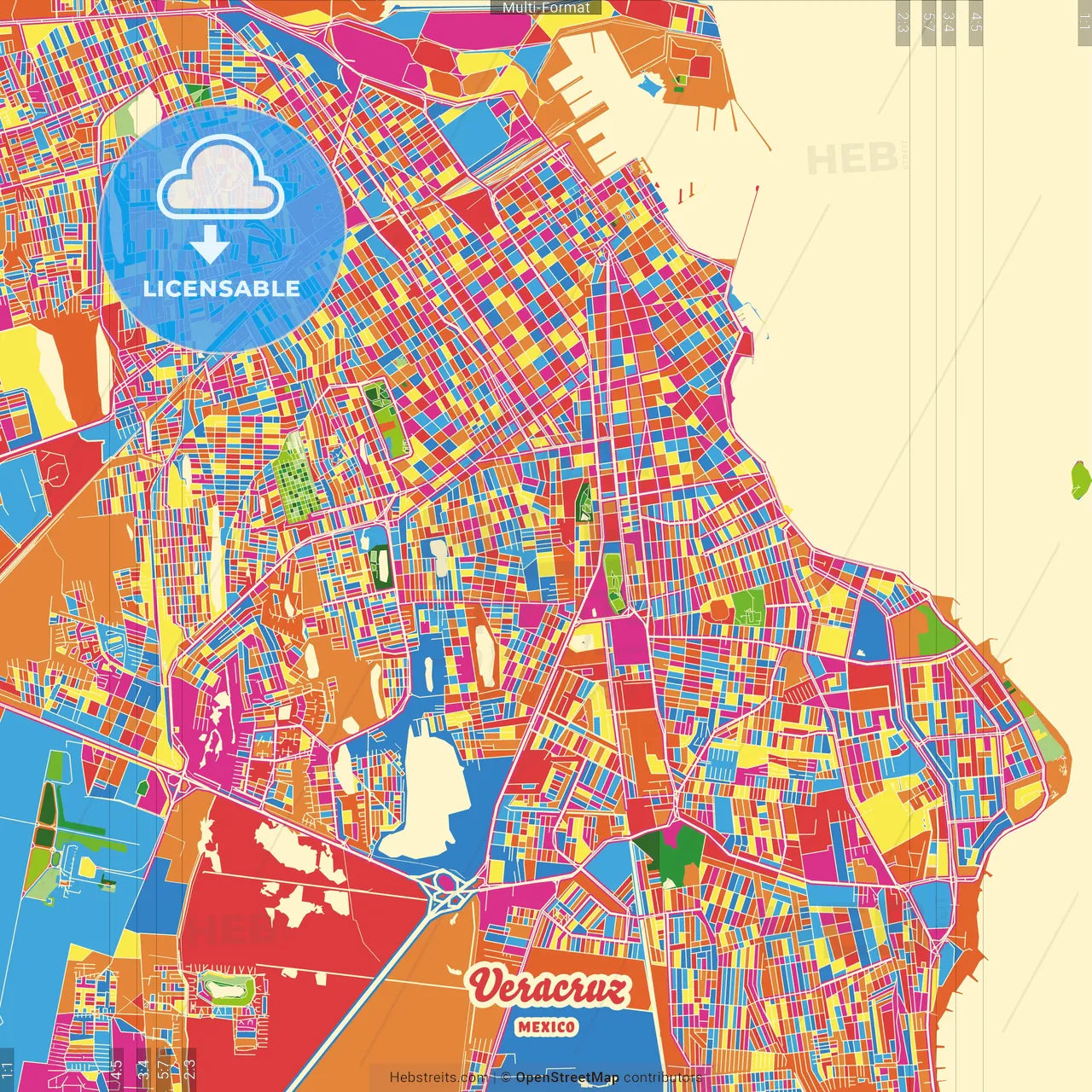 Veracruz, Veracruz, Mexico Crazy Colorful Street Map Poster Template