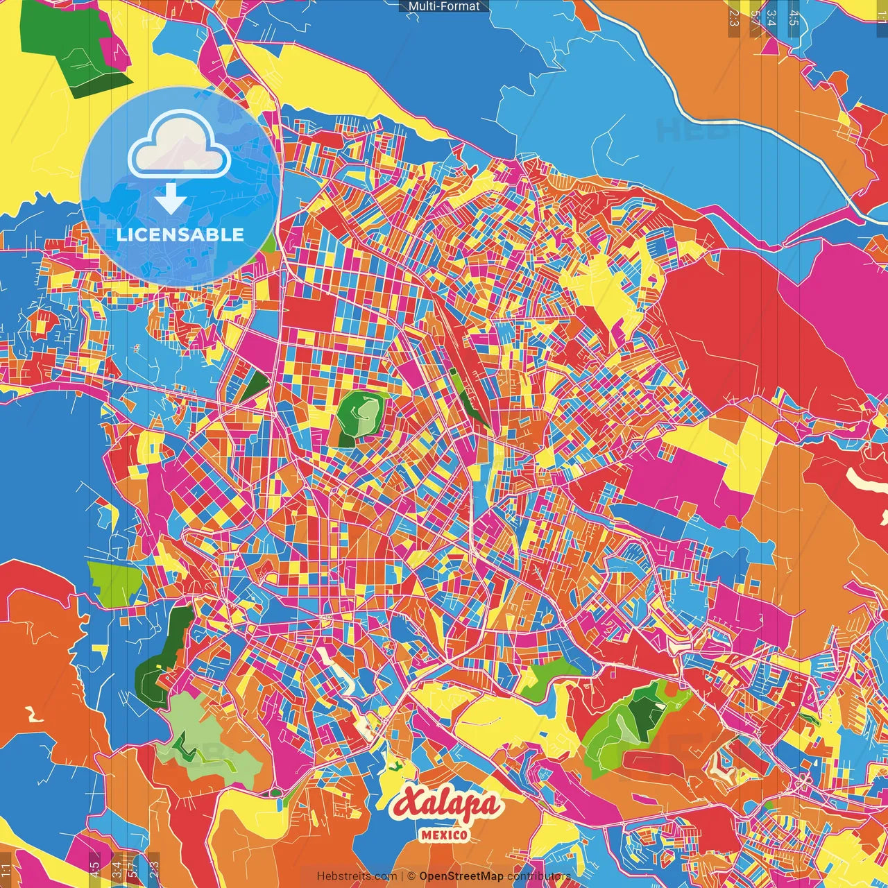 Xalapa, Veracruz, Mexico Crazy Colorful Street Map Poster Template