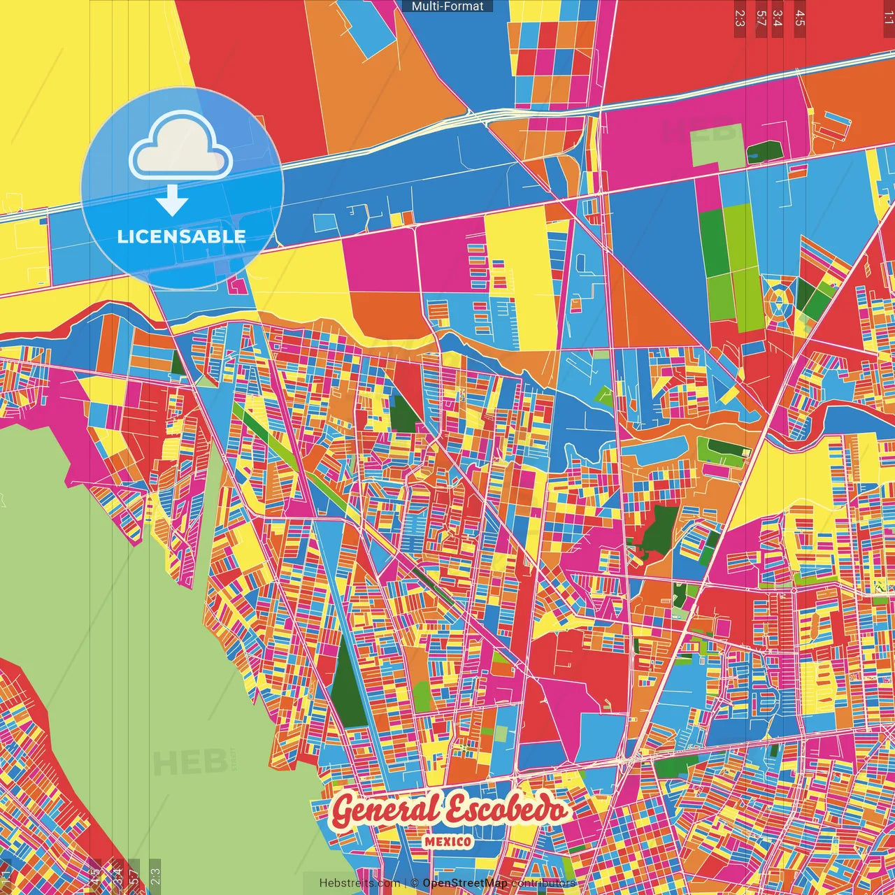 General Escobedo, Nuevo León, Mexico Crazy Colorful Street Map Poster Template