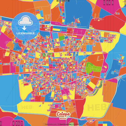 Celaya, Guanajuato, Mexico Crazy Colorful Street Map Poster Template