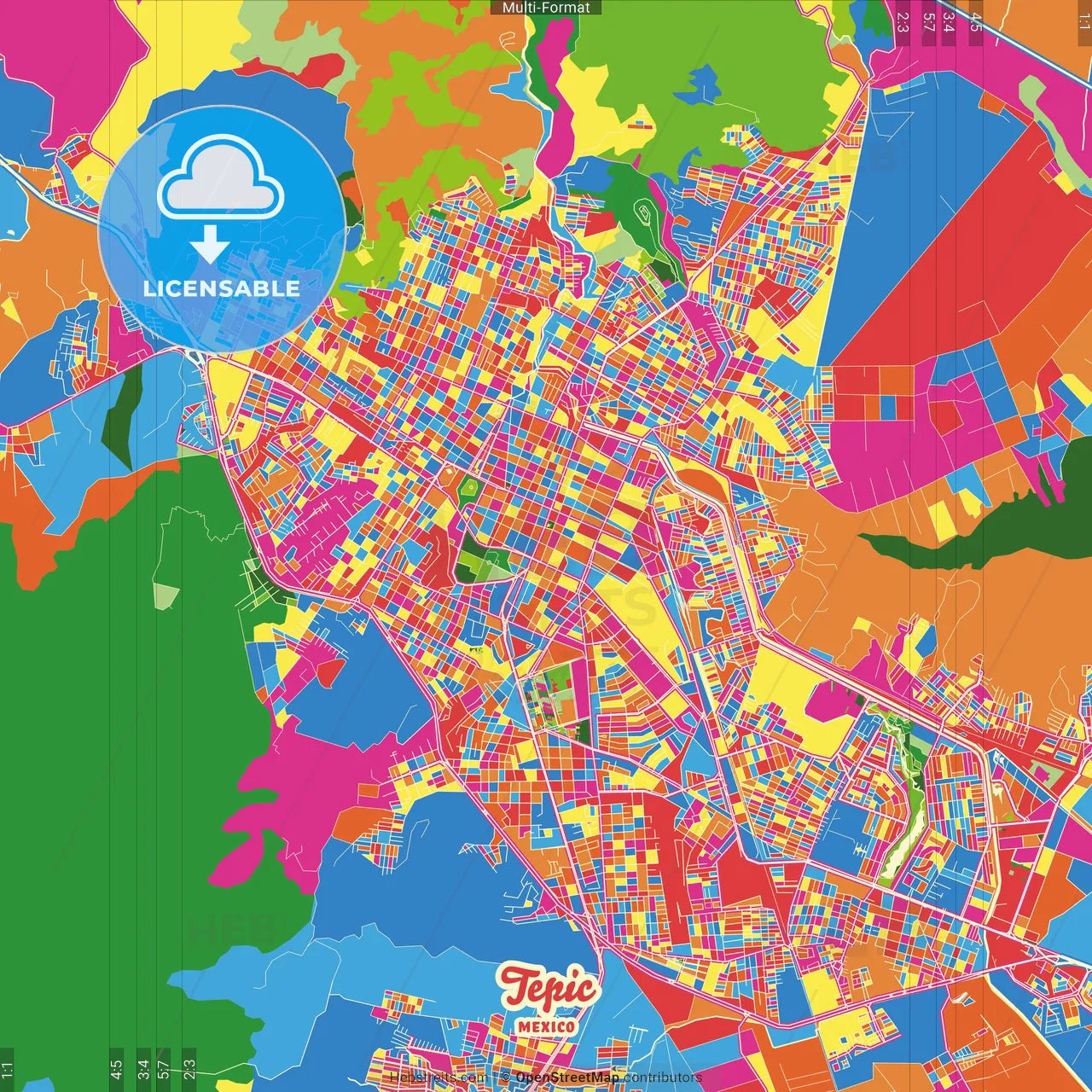Tepic, Nayarit, Mexico Crazy Colorful Street Map Poster Template