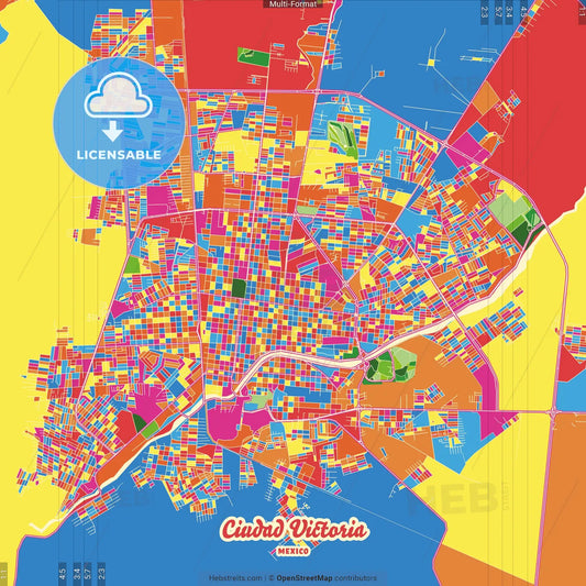 Ciudad Victoria, Tamaulipas, Mexico Crazy Colorful Street Map Poster Template