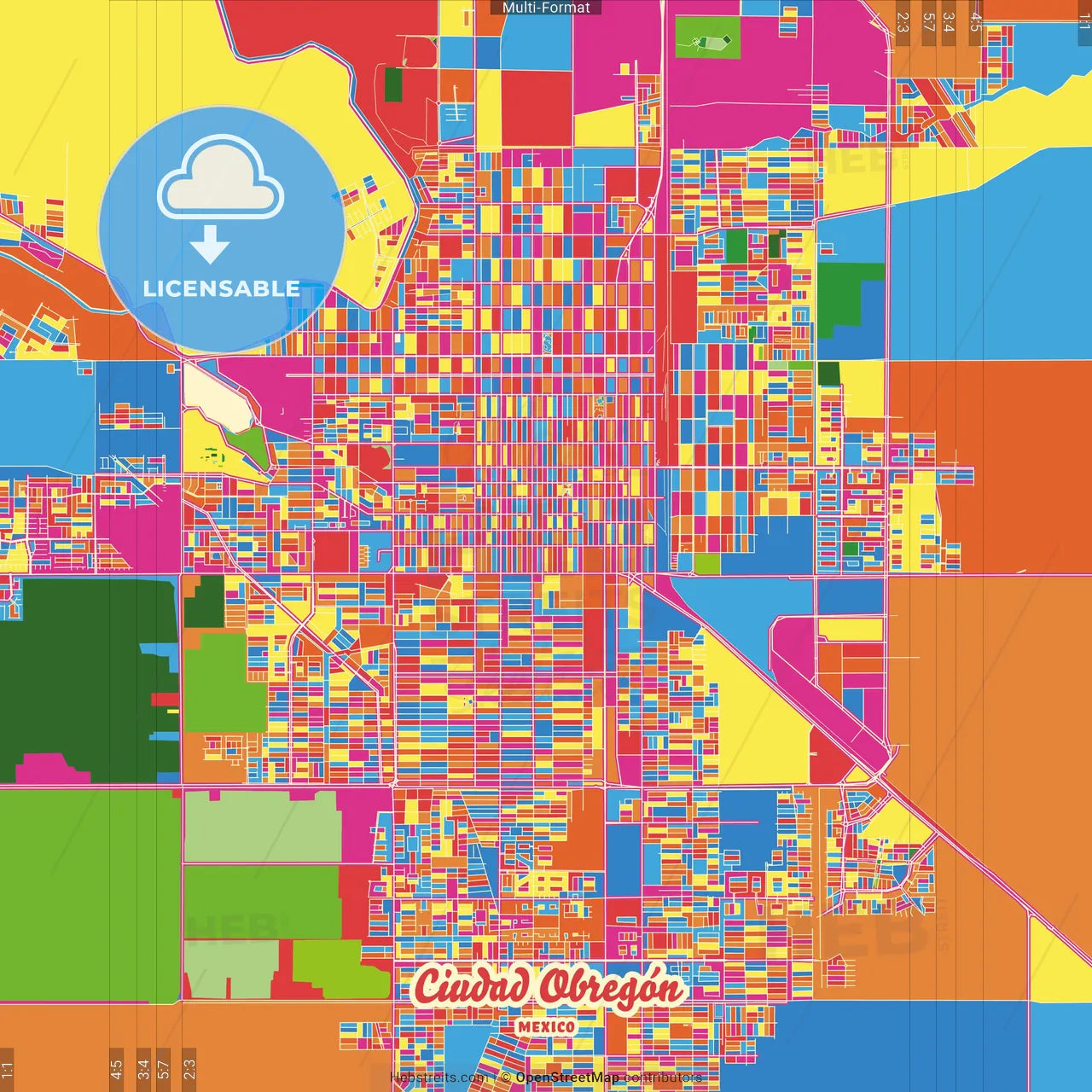 Ciudad Obregón, Sonora, Mexico Crazy Colorful Street Map Poster Template