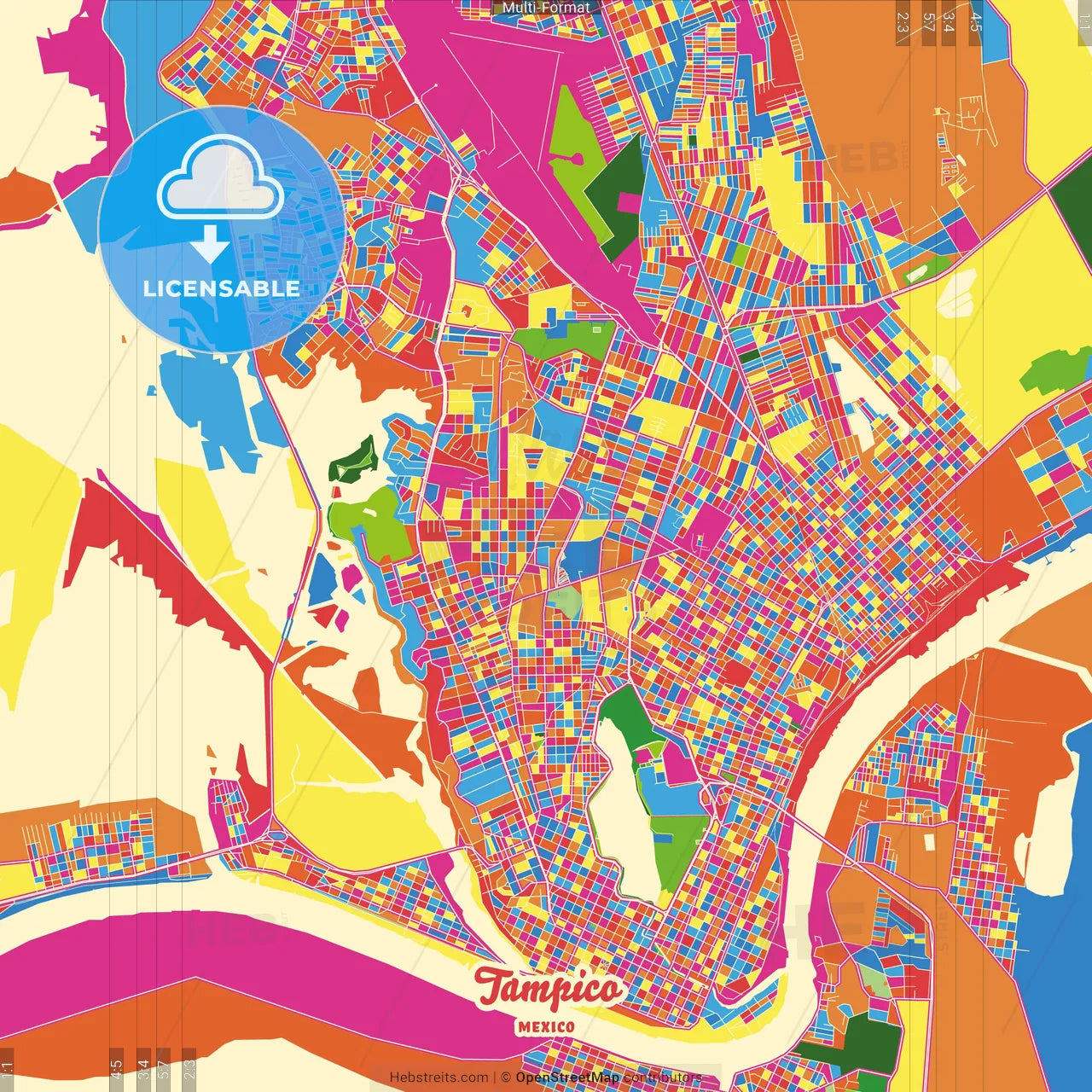 Tampico, Tamaulipas, Mexico Crazy Colorful Street Map Poster Template