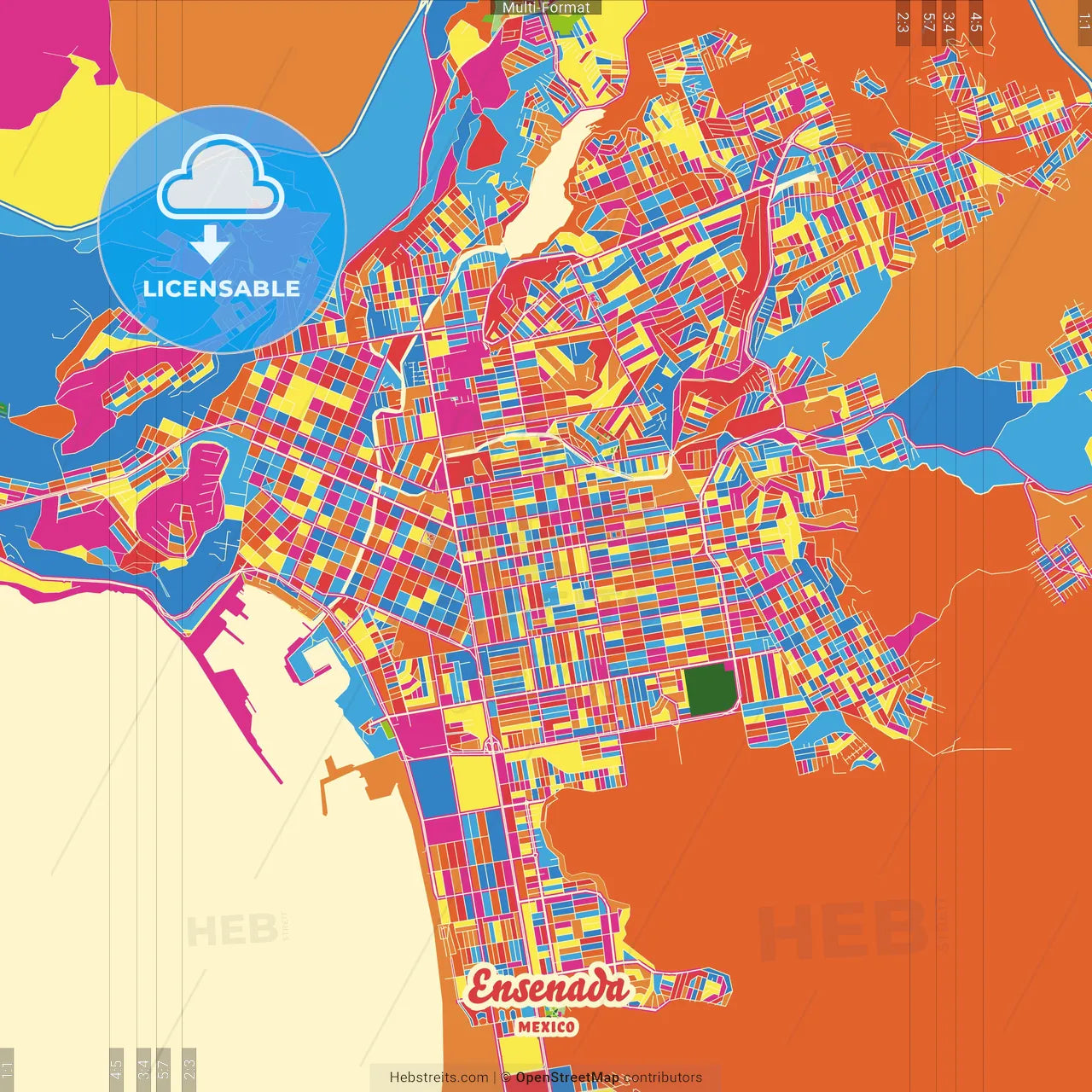 Ensenada, Baja California, Mexico Crazy Colorful Street Map Poster Template