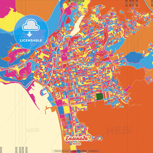 Ensenada, Baja California, Mexico Crazy Colorful Street Map Poster Template