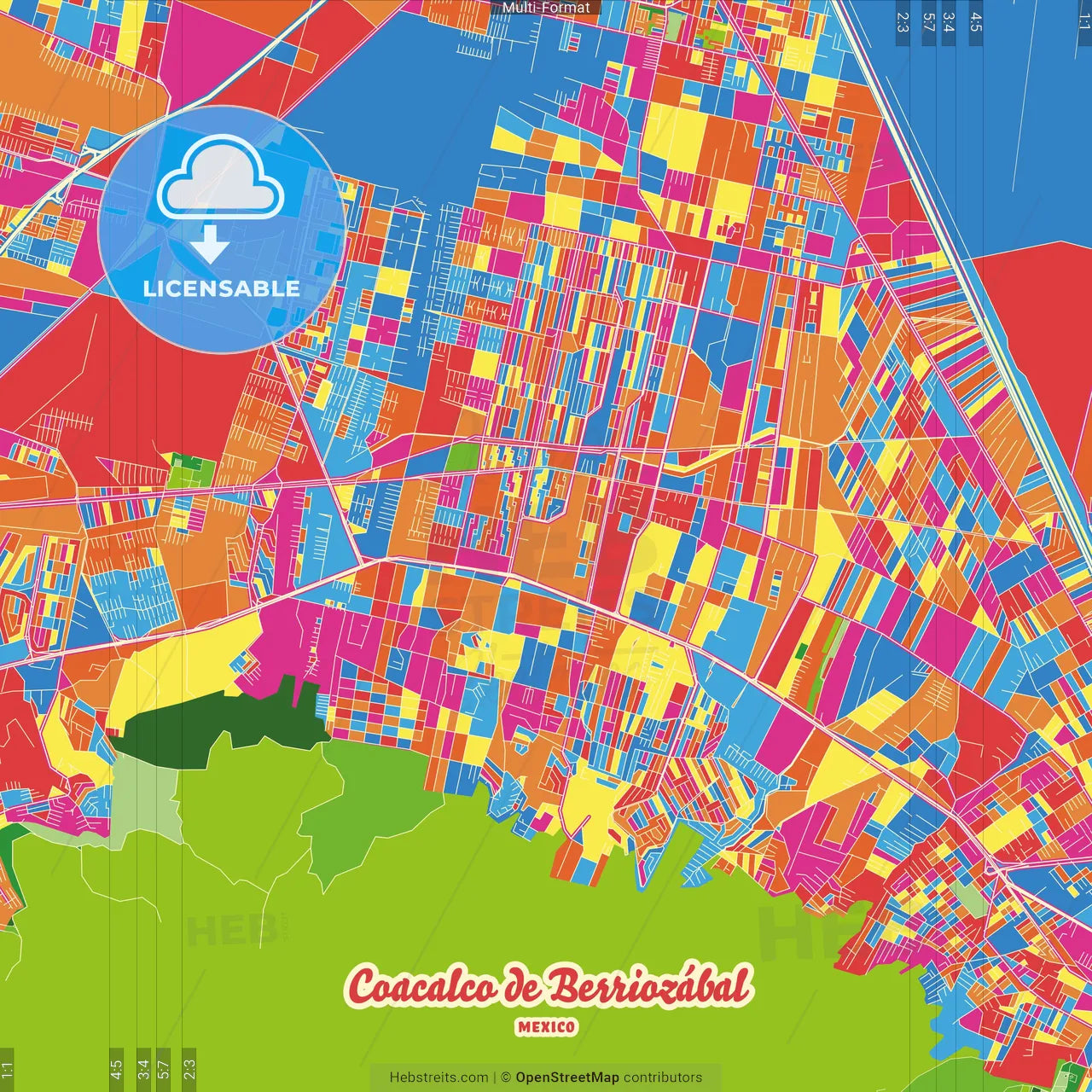 Coacalco de Berriozábal, México, Mexico Crazy Colorful Street Map Poster Template