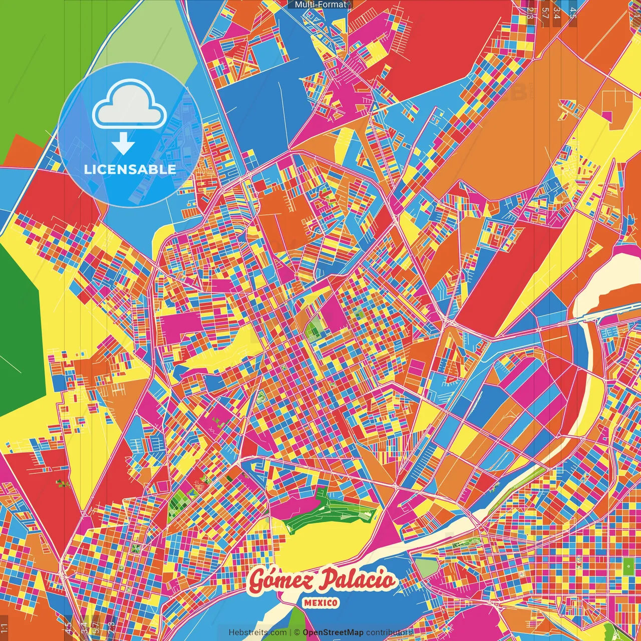 Gómez Palacio, Durango, Mexico Crazy Colorful Street Map Poster Template