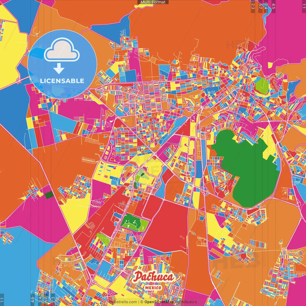 Pachuca, Hidalgo, Mexico Crazy Colorful Street Map Poster Template