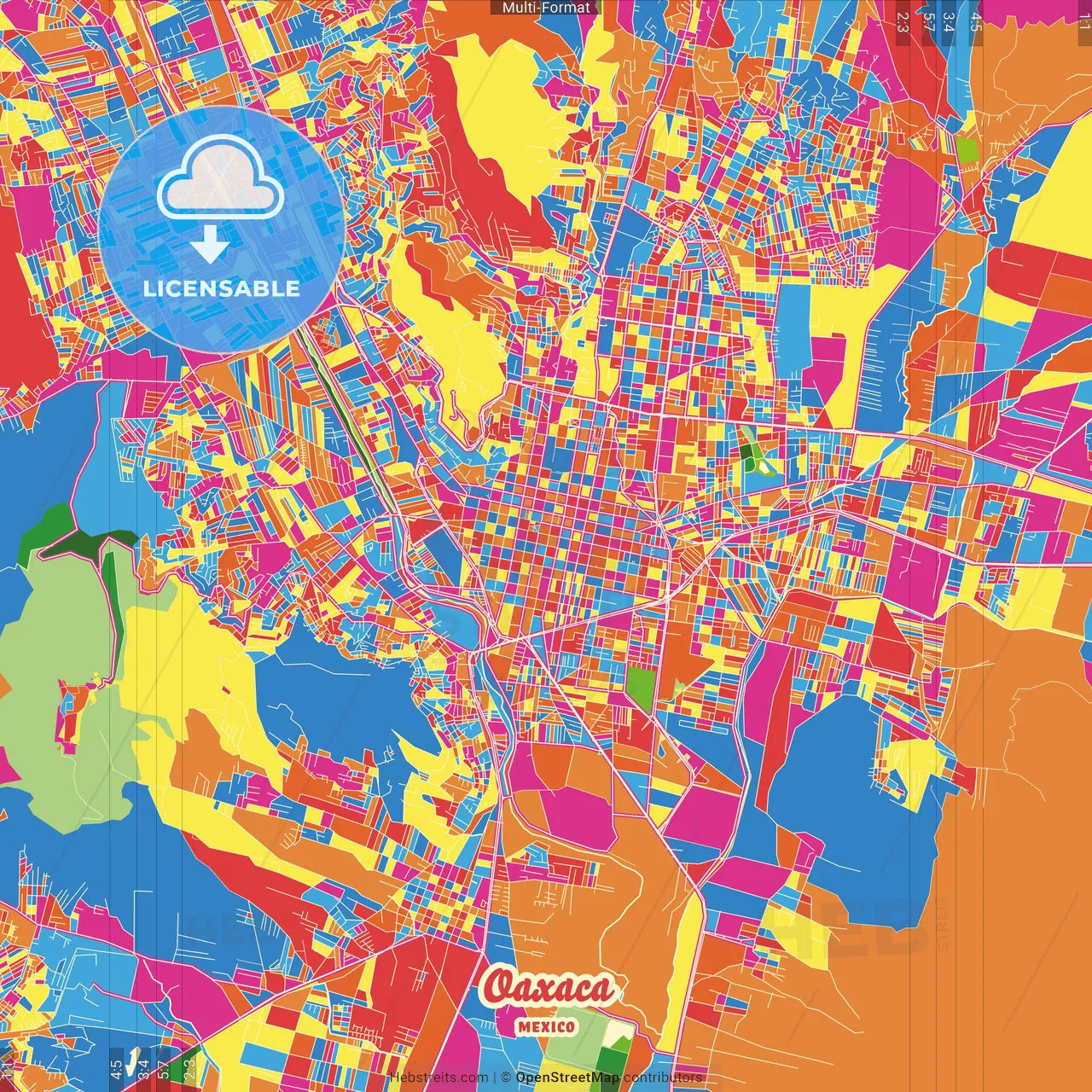 Oaxaca, Oaxaca, Mexico Crazy Colorful Street Map Poster Template