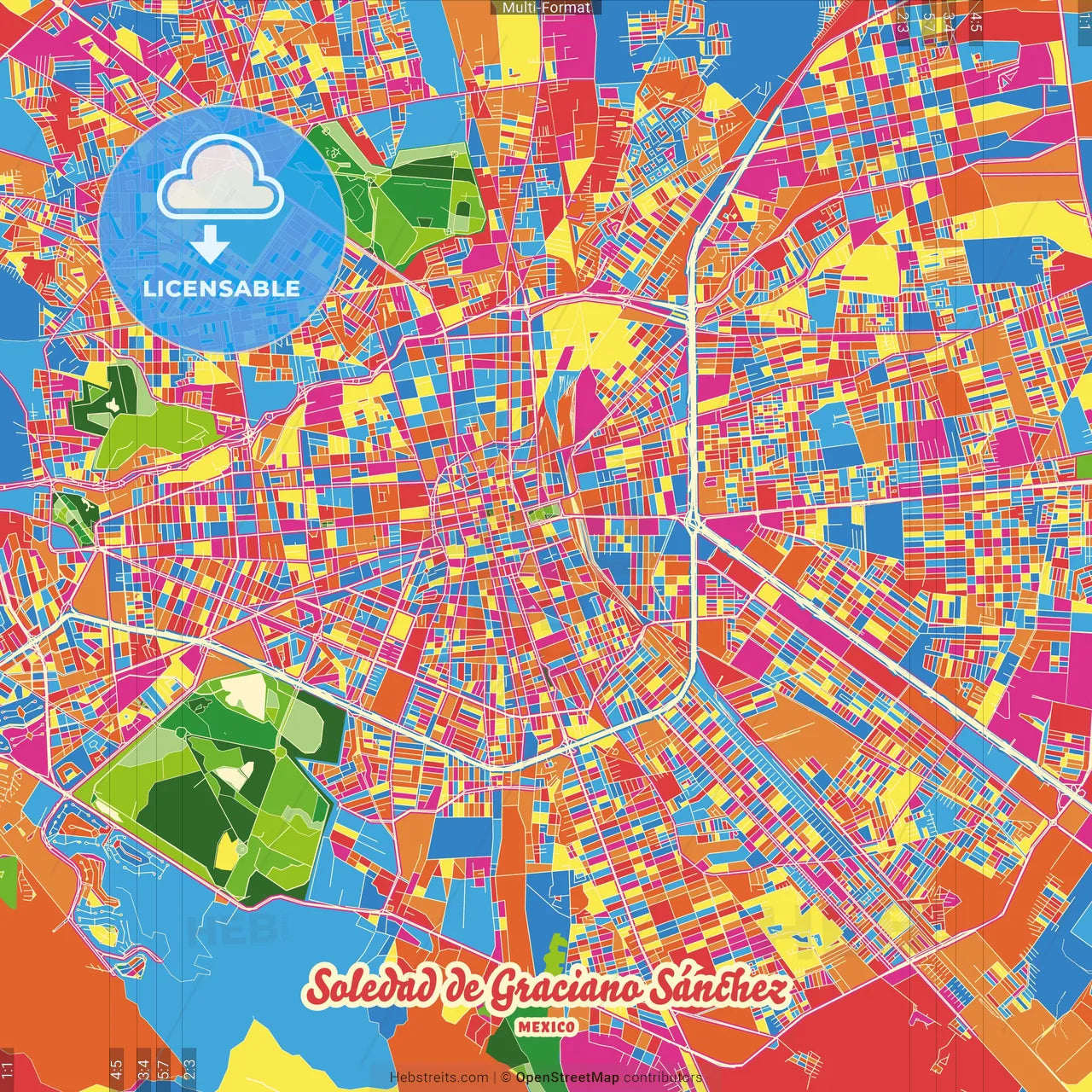 Soledad de Graciano Sánchez, San Luis Potosí, Mexico Crazy Colorful Street Map Poster Template