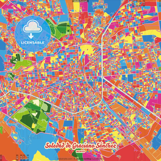 Soledad de Graciano Sánchez, San Luis Potosí, Mexico Crazy Colorful Street Map Poster Template