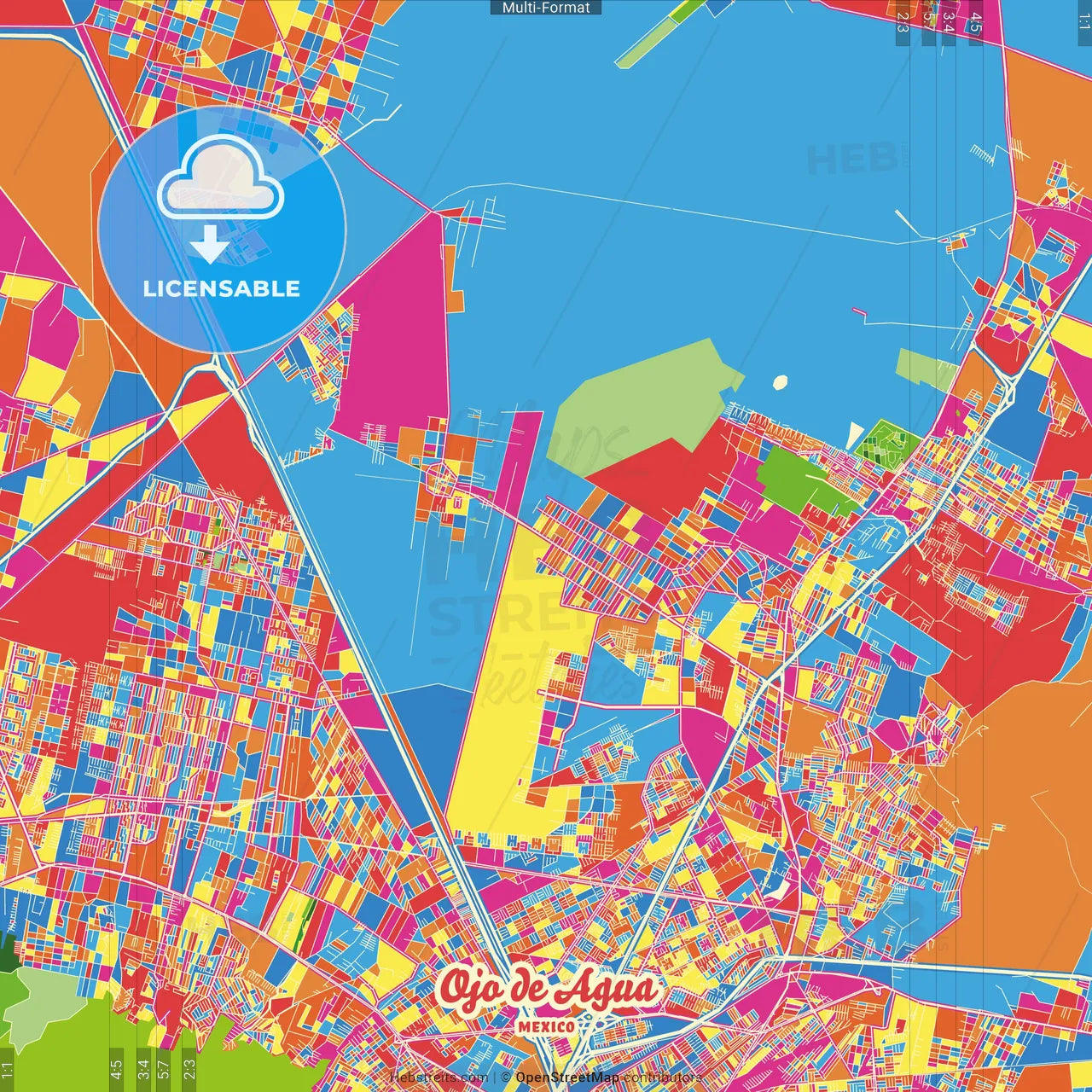 Ojo de Agua, México, Mexico Crazy Colorful Street Map Poster Template