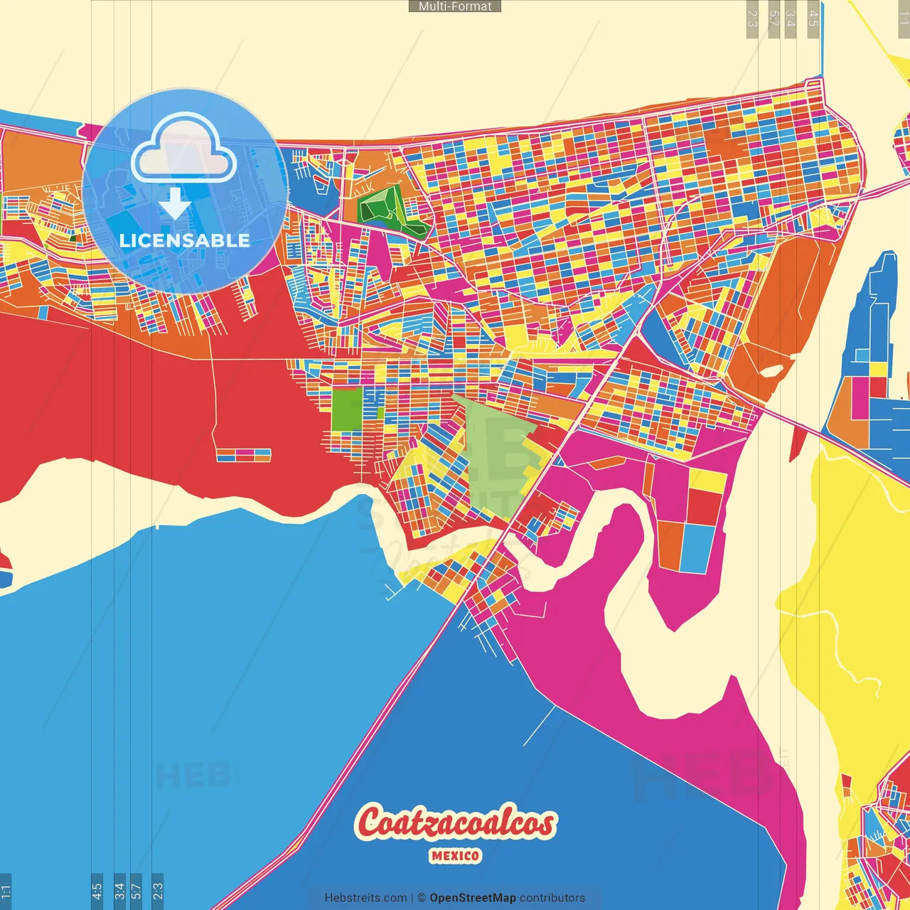 Coatzacoalcos, Veracruz, Mexico Crazy Colorful Street Map Poster Template