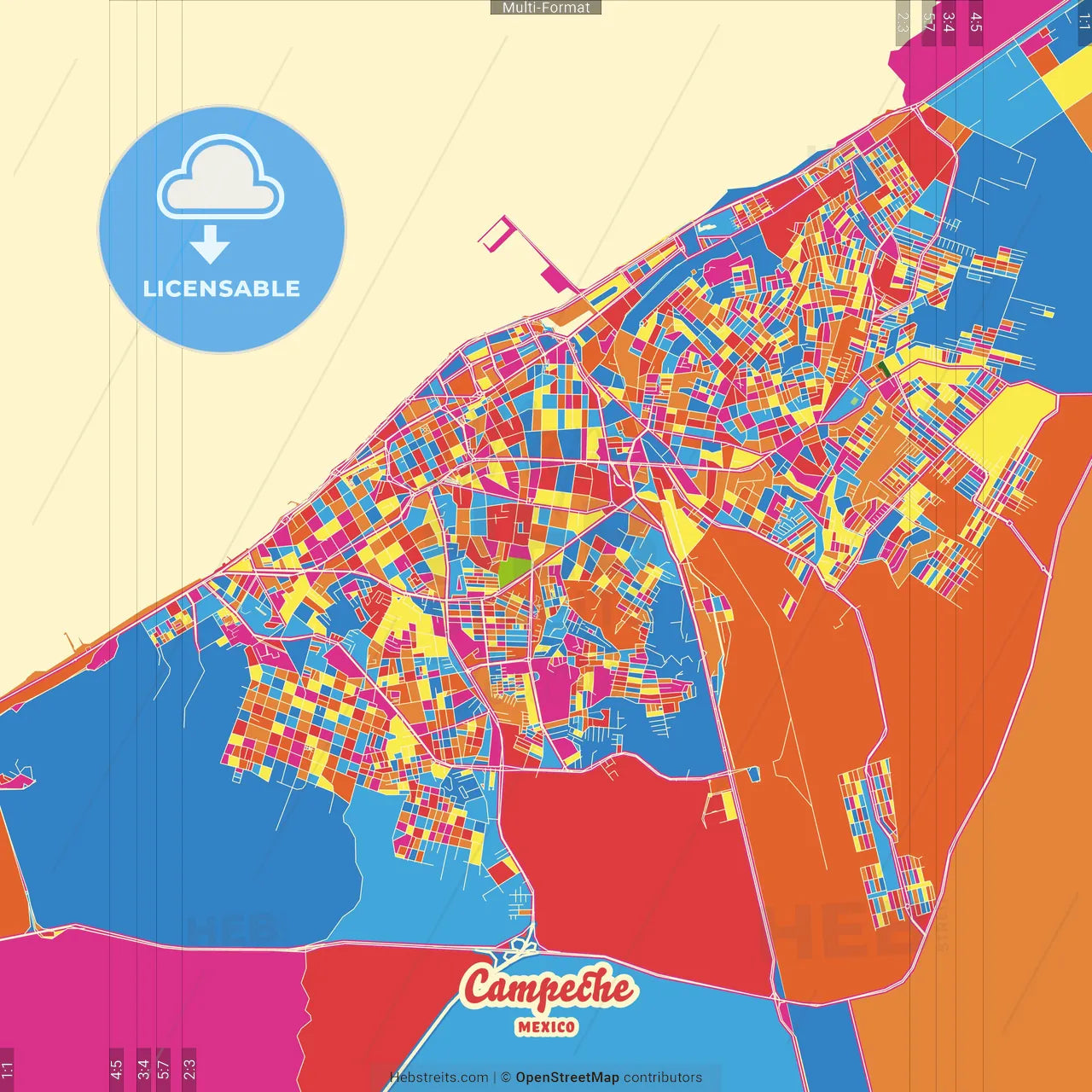 Campeche, Campeche, Mexico Crazy Colorful Street Map Poster Template