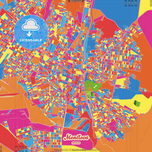 Monclova, Coahuila, Mexico Crazy Colorful Street Map Poster Template
