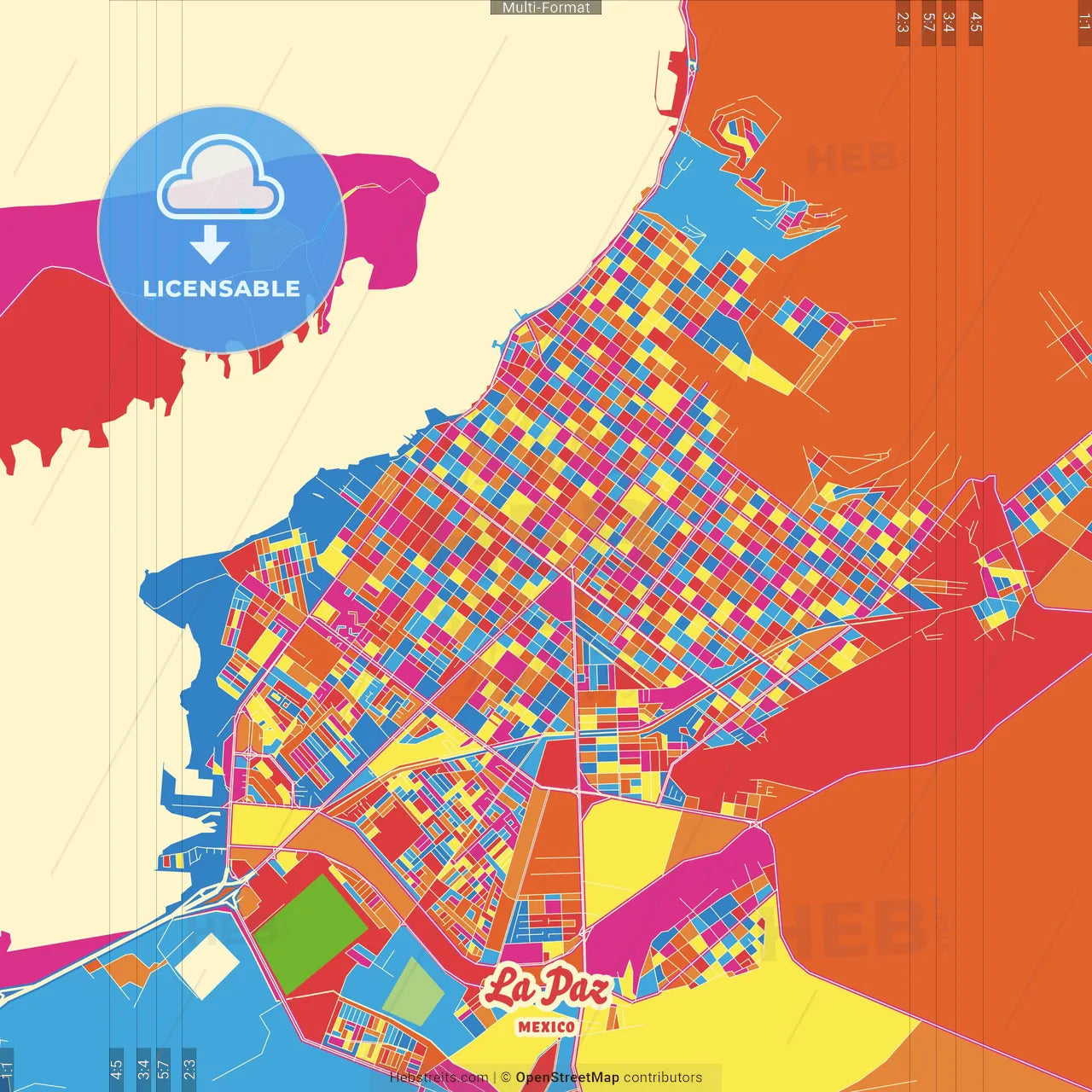 La Paz, Baja California Sur, Mexico Crazy Colorful Street Map Poster Template