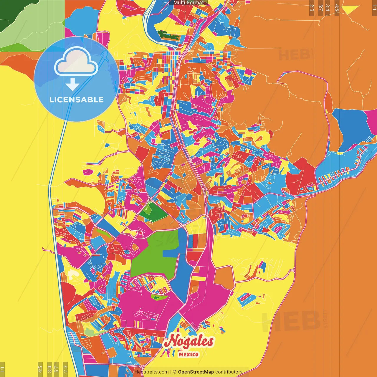 Nogales, Sonora, Mexico Crazy Colorful Street Map Poster Template
