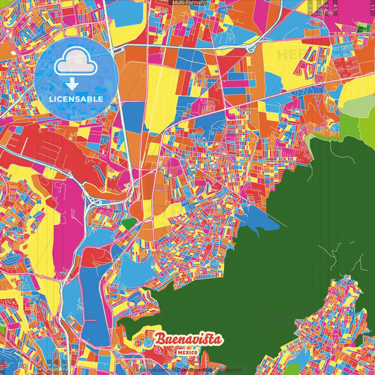 Buenavista, México, Mexico Crazy Colorful Street Map Poster Template